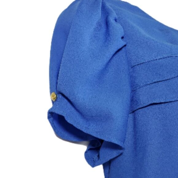 Periwinkle Blue Ruffle Dress Sz L Romantic Modest Midi Length Cap Sleeve - Picture 3 of 5